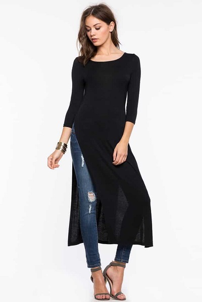 Black Three Fourth Sleeves Georgette Side Slit Kurta Jeans Pattern