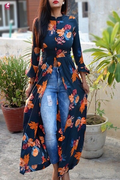 Central slit printed long kurta with jeans pattern