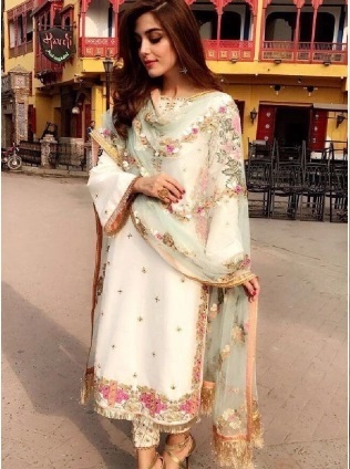 Cream color heavy Dupatta suit salwar for women