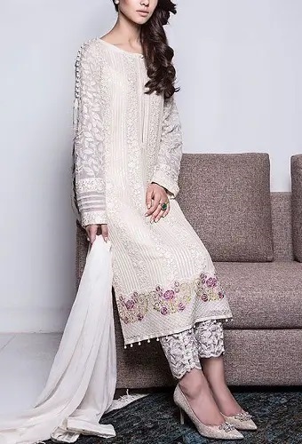 Embroidered Net Fabric Suit Salwar In White Color