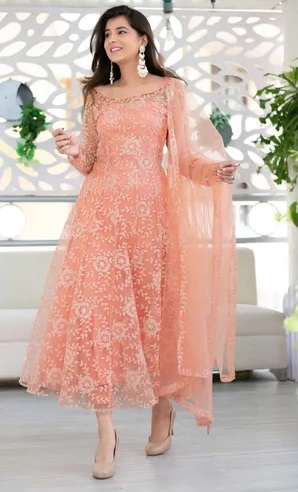 Embroidered net party wear Anarkali suit for women