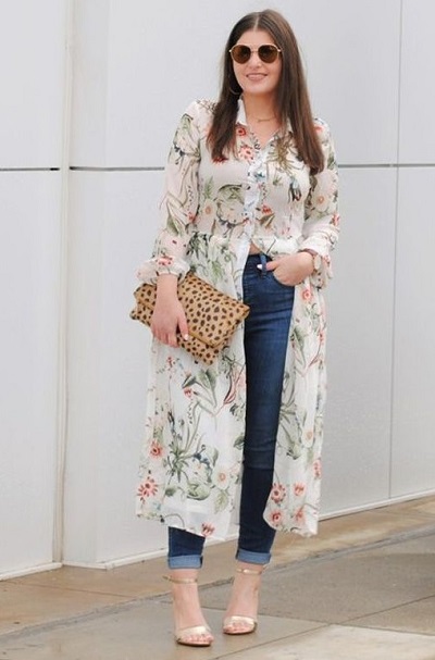 Floral Printed Long Shirt Style Kurta And Jeans Combination