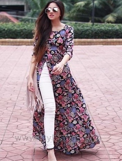 Floral long kurta with side slit and white denim jeans