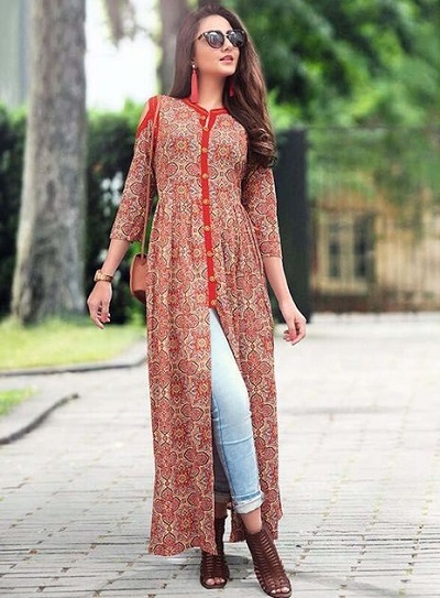 Floral printed Centre slit kurta with light blue jeans