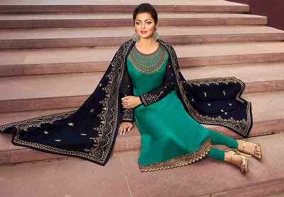 Green plain suit with navy blue Golden embroidered dupatta