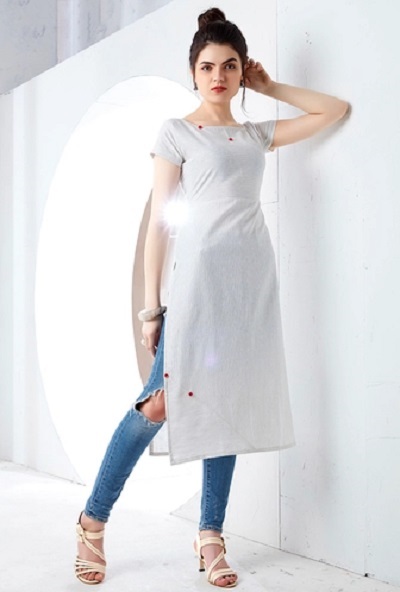 Half Sleeves Long White Kurta With Jeans Pattern