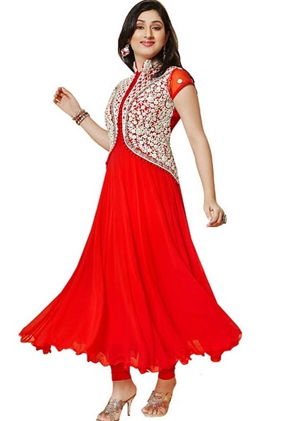 Jacket style party wear red Anarkali kurti