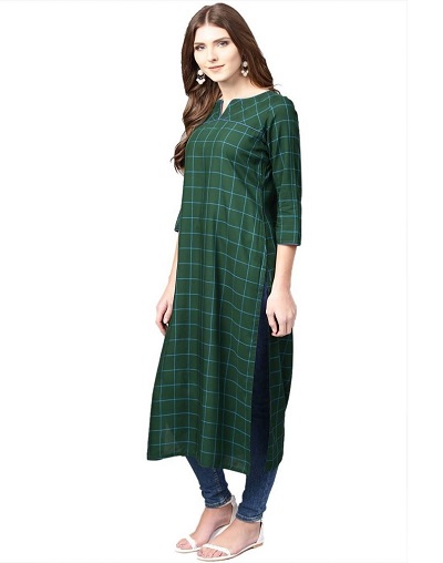 Long chequered print kurta with blue denim jeans