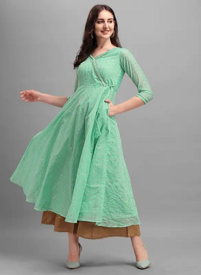 Mint green angrakha kurta with pocket for women