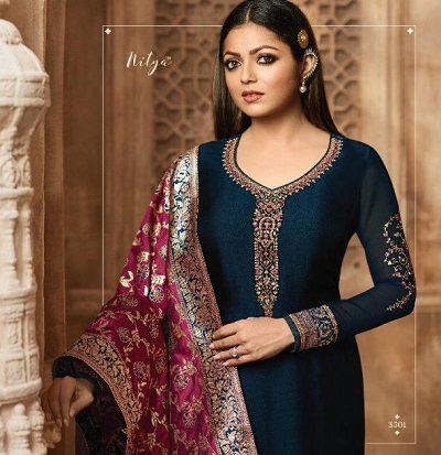 Navy blue fully embroidered heavy Dupatta suit design