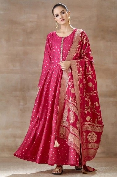 Party wear red Silk Anarkali kurta with Banarasi dupatta