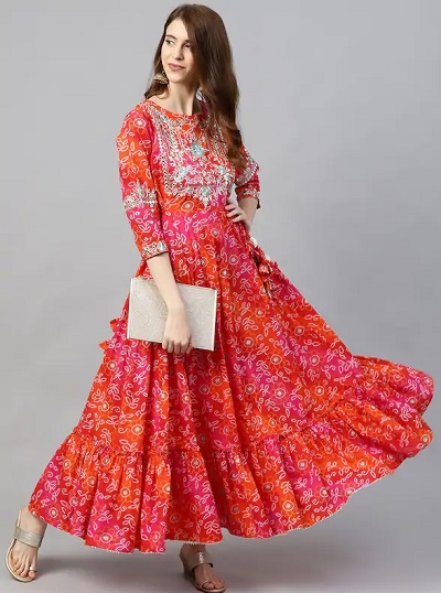 Party wear red printed Anarkali suit for ladies