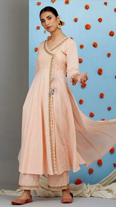 Peach colour stylish angrakha kurta design
