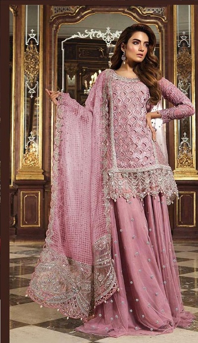 Pink designer kurta plazo with net heavy embroidered dupatta