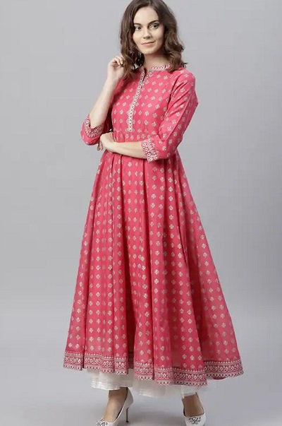 Pink festive wear gold foil print Anarkali kurta for women