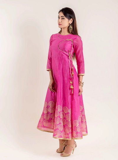 Pink stylish angrakha kurta with churidar