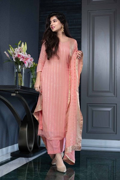 Pink suit with heavy peach dupatta