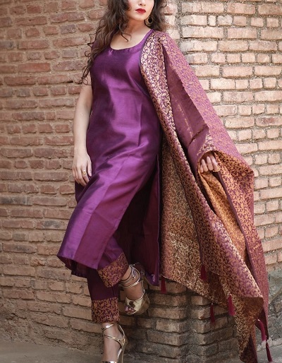 Purple Silk plain suit with heavy Banarasi dupatta