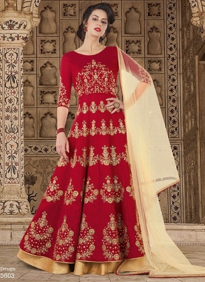 Red party wear Anarkali dress with golden lehenga