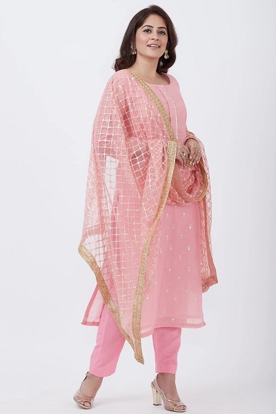 Simple Pink Suit trouser net embellished Dupatta set