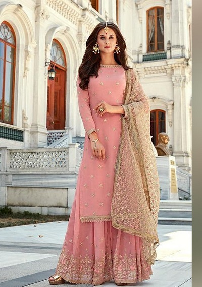 Simple pink Georgette suit with heavy embellished dupatta