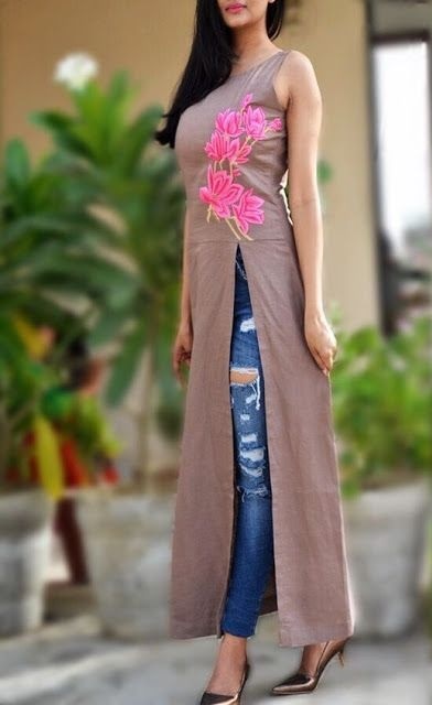 Sleeveless Embroidered Side Slit Long Kurta Ripped Jeans Pattern