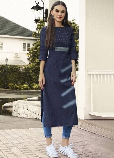 Stylish Blue Long Denim Kurta With Jeans