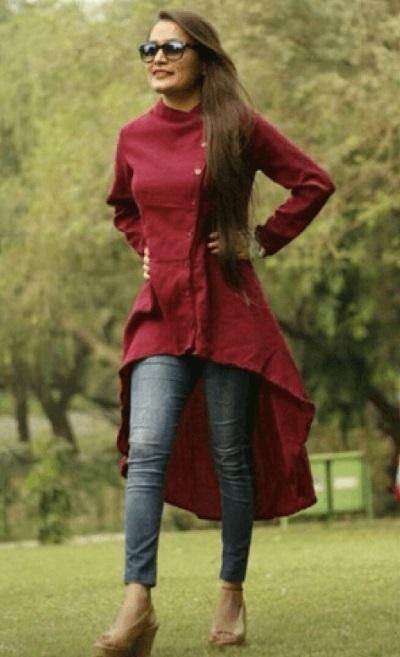 Stylish Maroon High Low Long Kurti With Grey Jeans