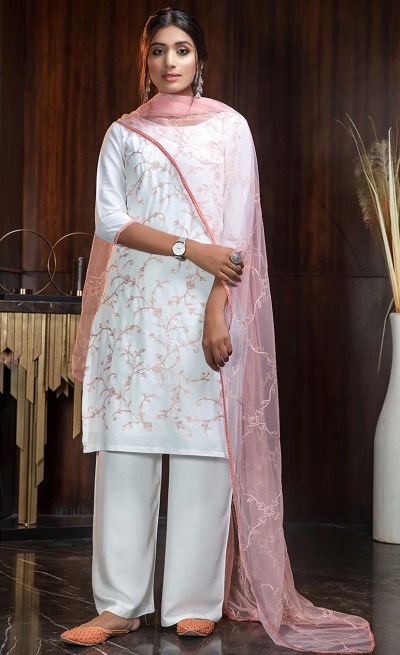 Stylish White Kurta Palazzo With Pink Net Dupatta