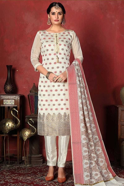Stylish White Kurta With Pink Salwar And Banarasi Silk Dupatta
