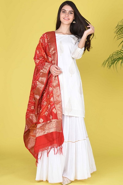 Stylish White Sharara Suit With Red Dupatta