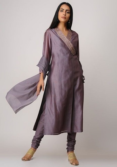 Stylish angrakha style purple kurta churidar set