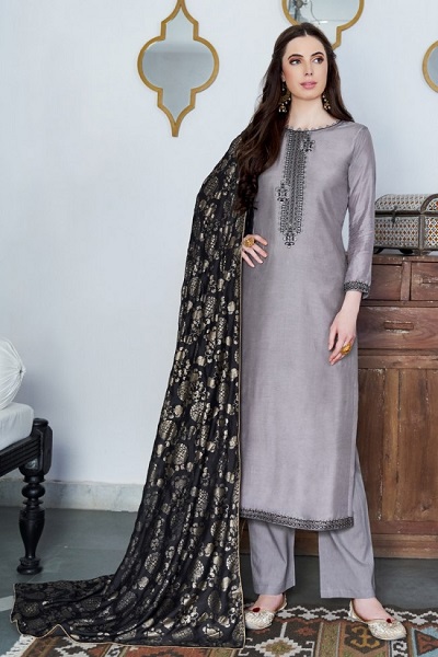 Stylish grey solid suit with heavy Banarasi woven dupatta
