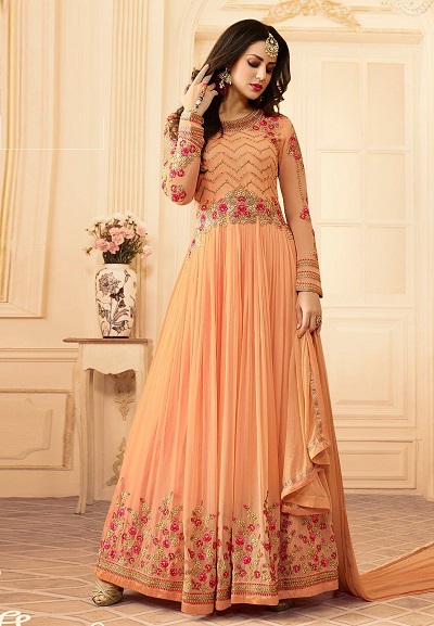 Stylish long Peach Georgette embroidered kurti for women