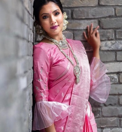 Stylish ruffled sleeves silk saree blouse pattern