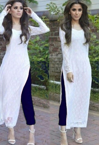 Stylish white embroidered kurta with trouser pants