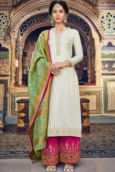 White A Line Kurta With Carrot Pink Cotton Dupatta