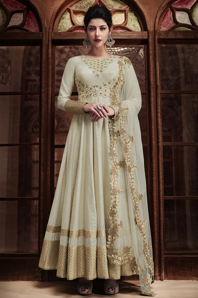 White And Gold Long Anarkali Suit With Heavy Embroidered Dupatta