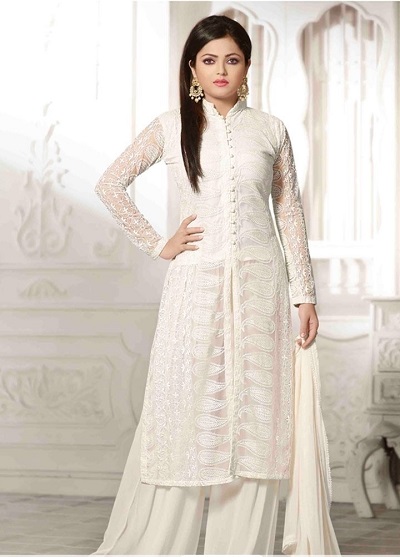 White Embroidered Kurta With White Palazzo Pants