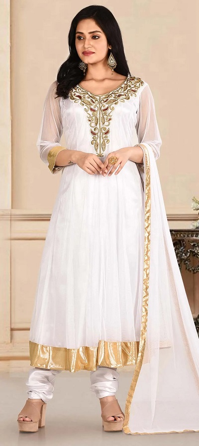 White Embroidered Net Suit With Silk Churidar Pajami