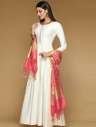 White Floor Touching Anarkali Kurta With Pink Banarasi Silk Dupatta