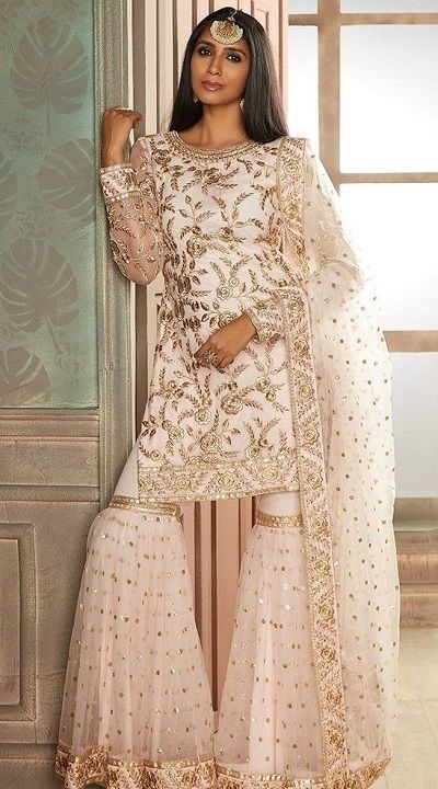 White Heavy Embroidered Kurti Sharara For Wedding