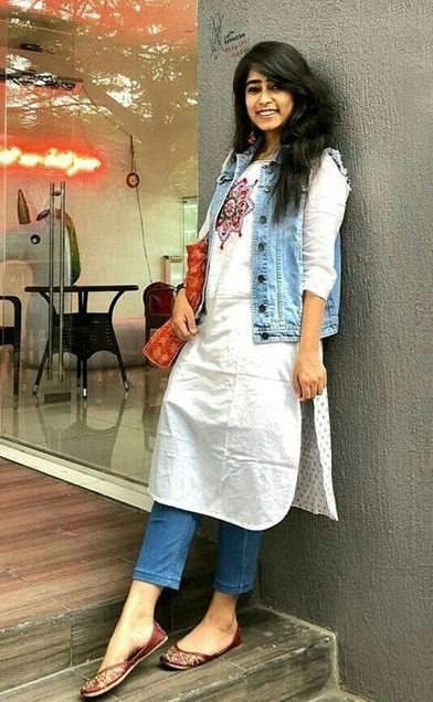 White Kurta And Denim Jacket With Denim Jeans