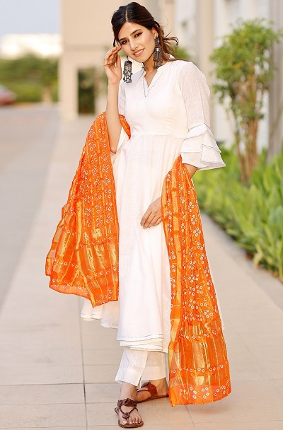 White Kurta Palazzo With Orange Bandhej Printed Dupatta