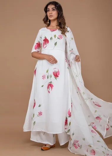 White Printed Long Kurta Palazzo And Dupatta Set