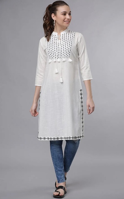 White Semi Casual Kurta With Jeans Combination