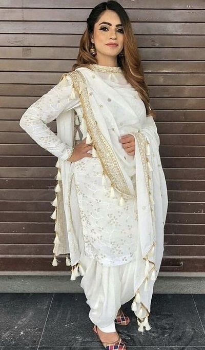 White Suit With White And Gold Dupatta Punjabi Style