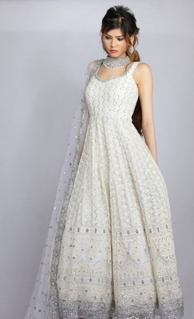 White Thread Work Net Fabric Long Kurta With Dupatta