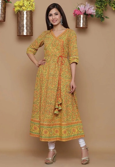 Yellow printed angrakha kurta for ladies in full length