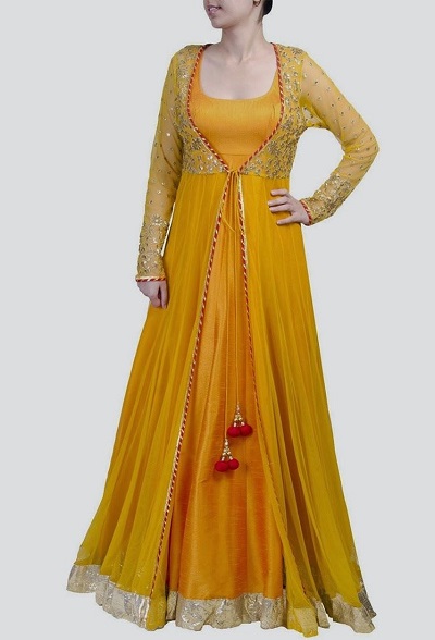 Yellow stylish Anarkali kurta with jacket pattern
